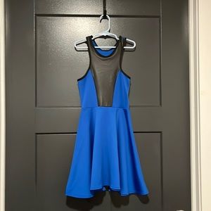 Girls Blue Dress with Black Faux Leather Insert.